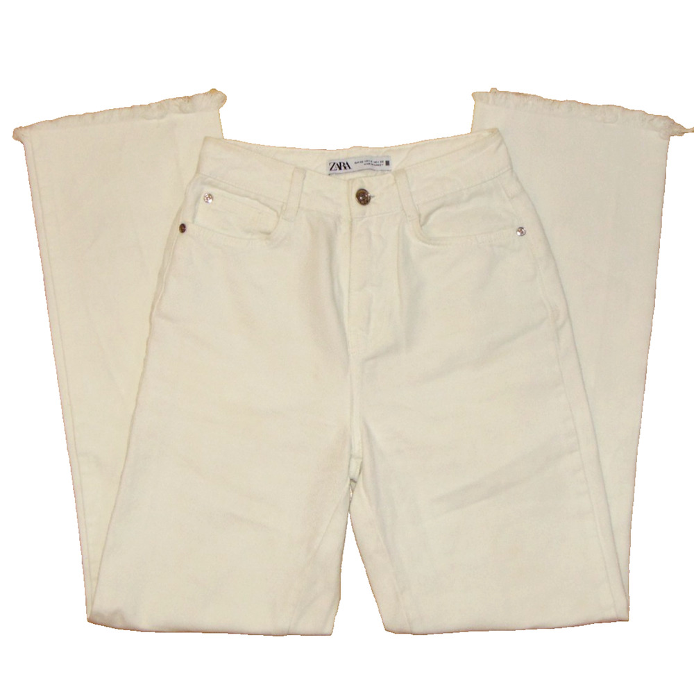 Zara High Rise Straight Leg Ivory Jeans Size 0 Raw Frayed Hem Denim